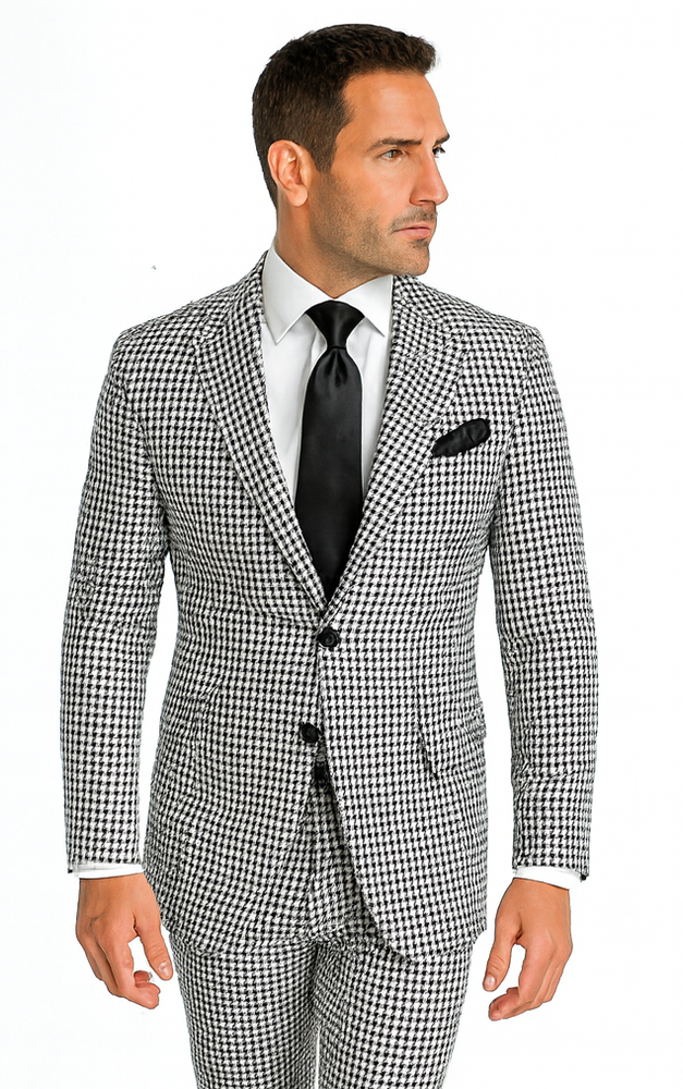 Rossi Man MAX RM1710 Slim Fit 3-Piece Black and White Houndstooth Suit