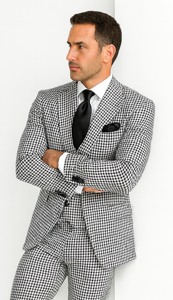 Rossi Man MAX RM1710 Slim Fit 3-Piece Black and White Houndstooth Suit