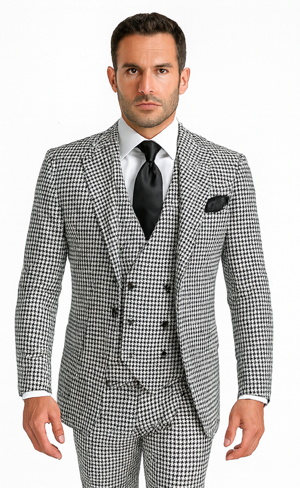 Rossi Man MAX RM1710 Slim Fit 3-Piece Black and White Houndstooth Suit