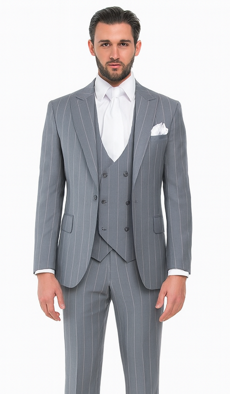 Rossi Man MAX RM1726 Grey Pinstripe Slim Fit 3-Piece Suit – Men’s Formalwear
