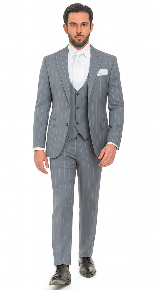 Rossi Man MAX RM1726 Grey Pinstripe Slim Fit 3-Piece Suit – Men’s Formalwear