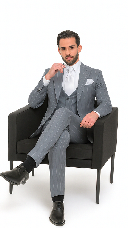 Rossi Man MAX RM1726 Grey Pinstripe Slim Fit 3-Piece Suit – Men’s Formalwear