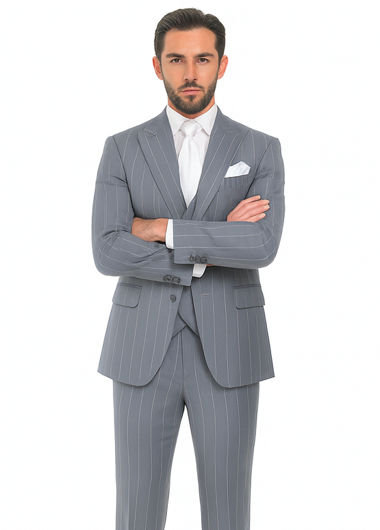 Rossi Man MAX RM1726 Grey Pinstripe Slim Fit 3-Piece Suit – Men’s Formalwear