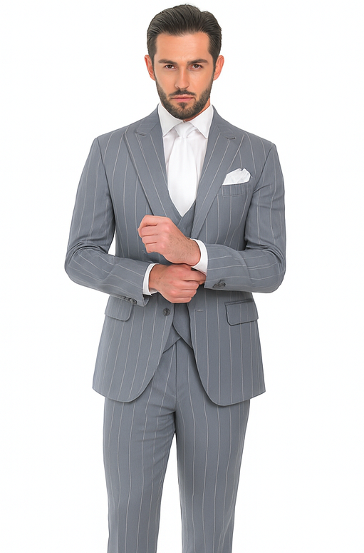 Rossi Man MAX RM1726 Grey Pinstripe Slim Fit 3-Piece Suit – Men’s Formalwear