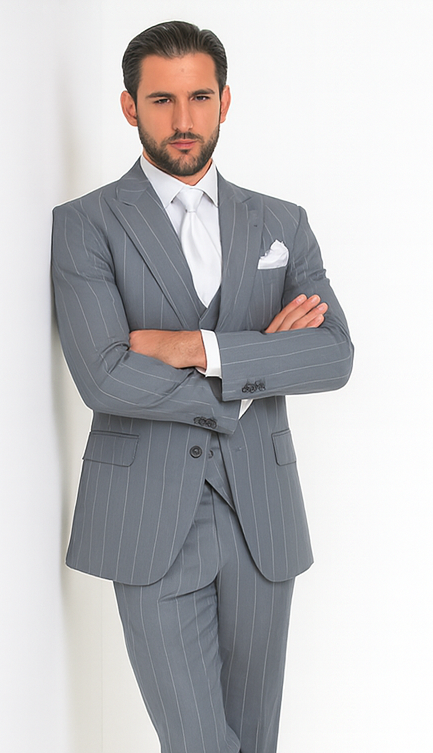 Rossi Man MAX RM1726 Grey Pinstripe Slim Fit 3-Piece Suit – Men’s Formalwear