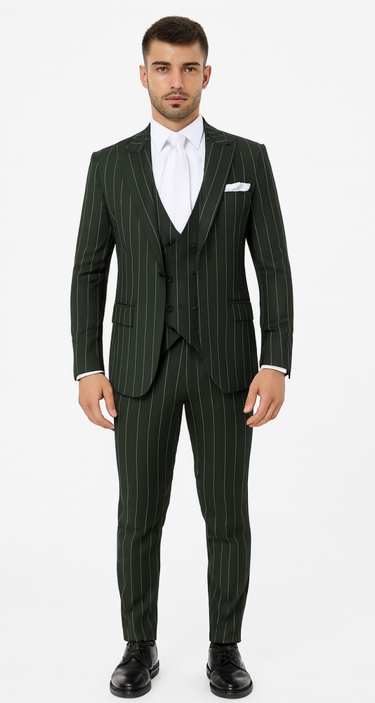 Rossi Man MAX RM1727 Green Pinstripe Slim Fit 3-Piece Suit – Men’s Formalwear