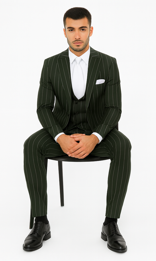 Rossi Man MAX RM1727 Green Pinstripe Slim Fit 3-Piece Suit – Men’s Formalwear