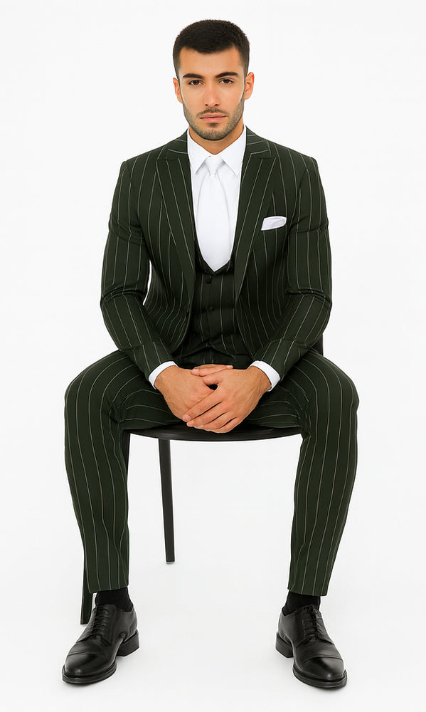 Rossi Man MAX RM1727 Green Pinstripe Slim Fit 3-Piece Suit – Men’s Formalwear