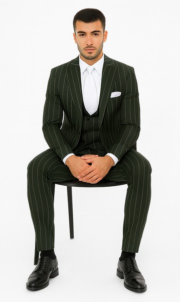 Rossi Man MAX RM1727 Green Pinstripe Slim Fit 3-Piece Suit – Men’s Formalwear