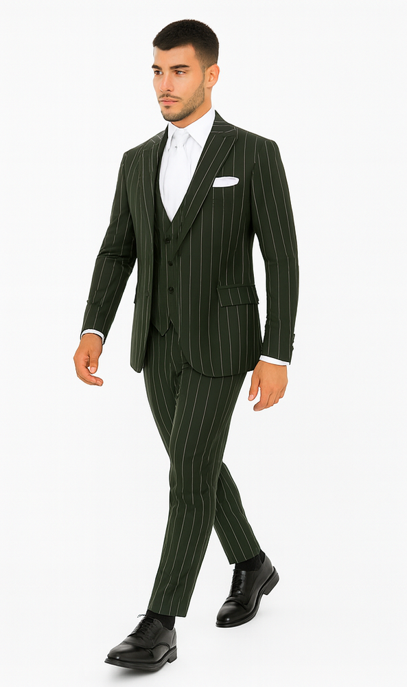 Rossi Man MAX RM1727 Green Pinstripe Slim Fit 3-Piece Suit – Men’s Formalwear