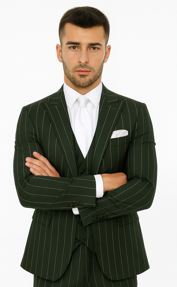 Rossi Man MAX RM1727 Green Pinstripe Slim Fit 3-Piece Suit – Men’s Formalwear