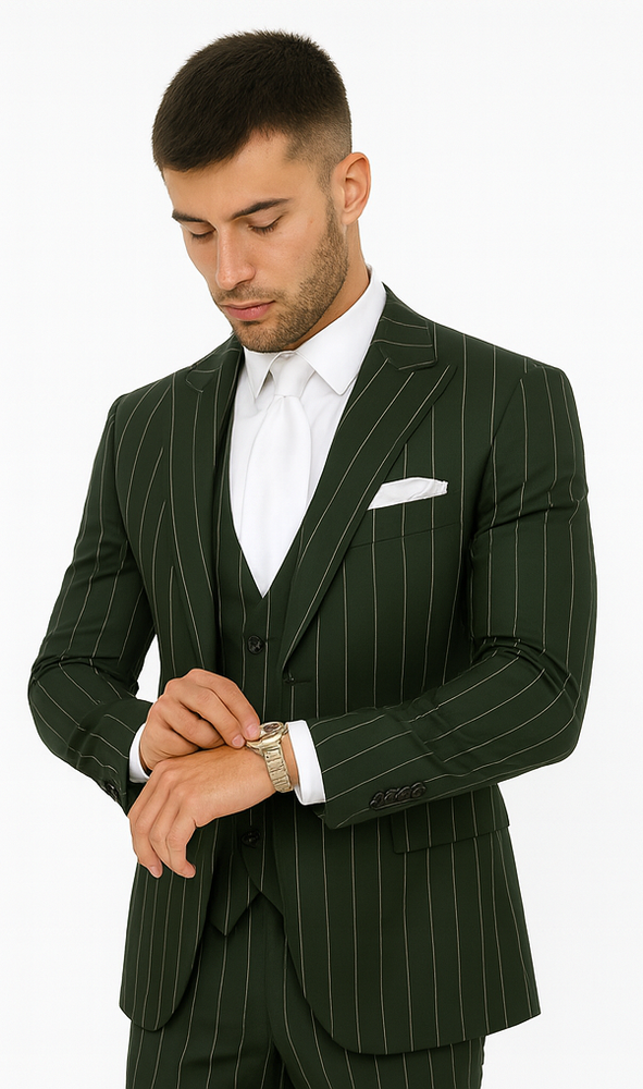 Rossi Man MAX RM1727 Green Pinstripe Slim Fit 3-Piece Suit – Men’s Formalwear