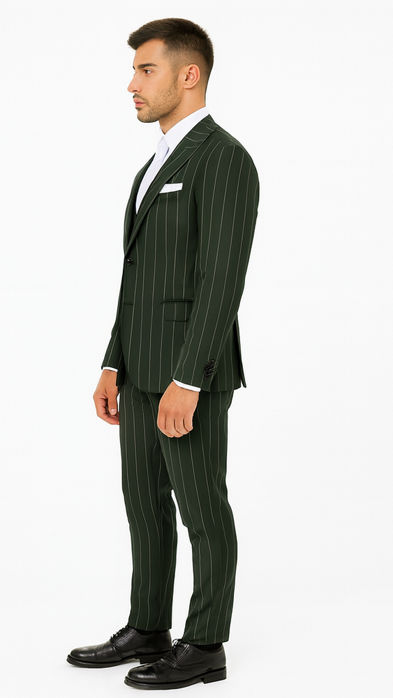 Rossi Man MAX RM1727 Green Pinstripe Slim Fit 3-Piece Suit – Men’s Formalwear