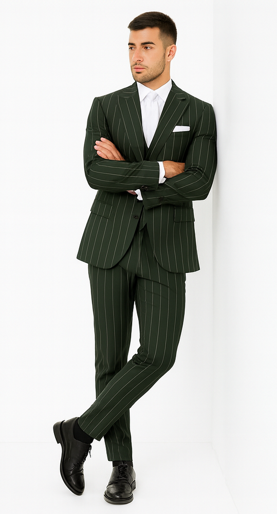 Rossi Man MAX RM1727 Green Pinstripe Slim Fit 3-Piece Suit – Men’s Formalwear