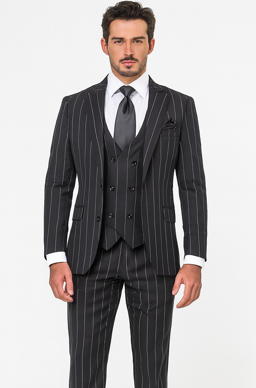 Rossi Man MAX RM1728 Black Stripe Slim Fit 3-Piece Suit – Modern Men’s Formalwear