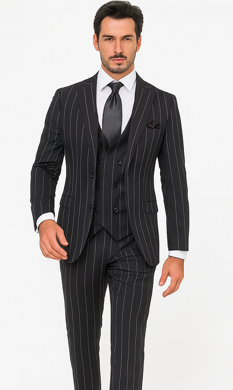 Rossi Man MAX RM1728 Black Stripe Slim Fit 3-Piece Suit – Modern Men’s Formalwear