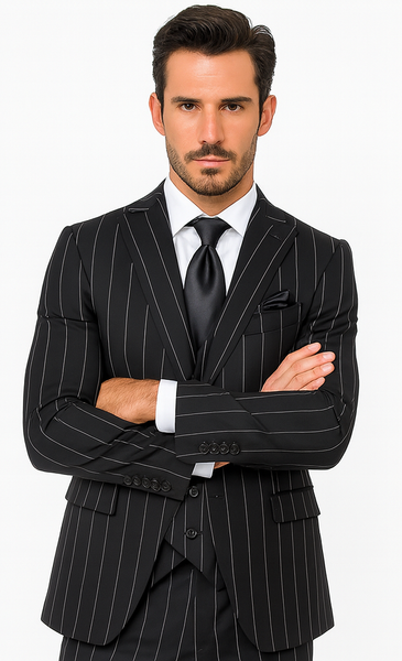 Rossi Man MAX RM1728 Black Stripe Slim Fit 3-Piece Suit – Modern Men’s Formalwear