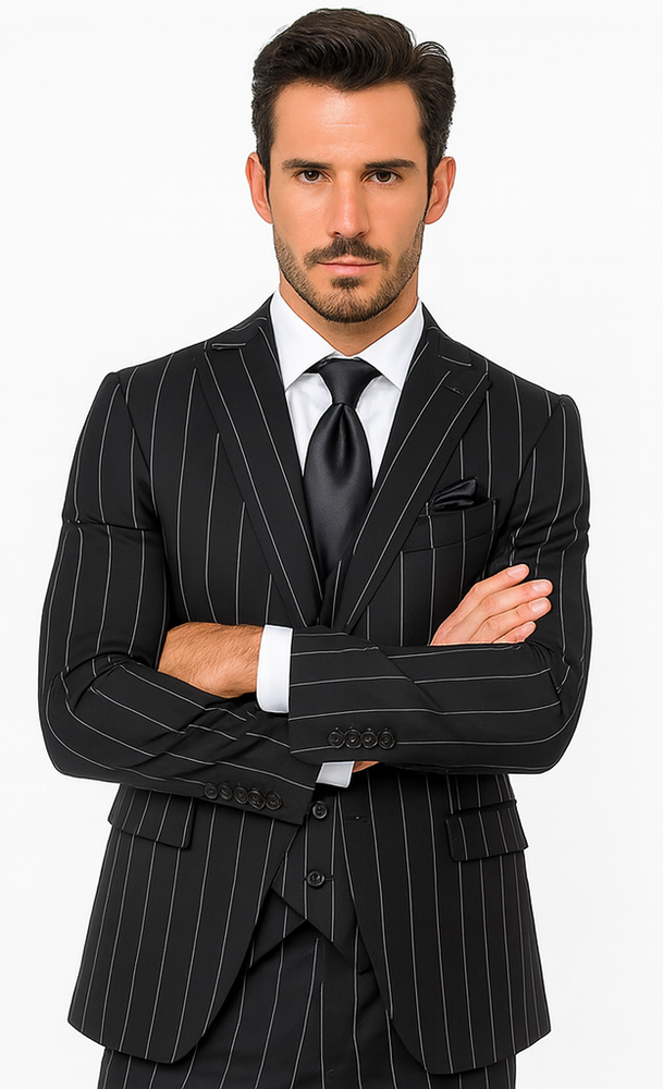 Rossi Man MAX RM1728 Black Stripe Slim Fit 3-Piece Suit – Modern Men’s Formalwear