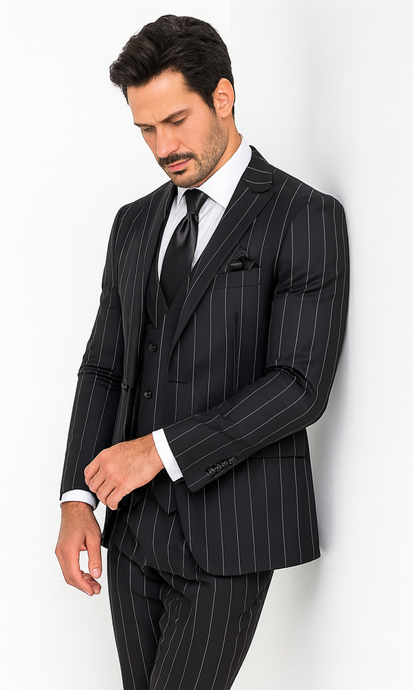 Rossi Man MAX RM1728 Black Stripe Slim Fit 3-Piece Suit – Modern Men’s Formalwear