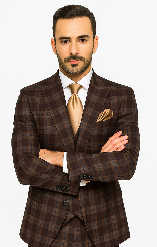 Rossi Man MAX RM1735 Brown Slim Fit 3-Piece Suit – Men’s Modern Formalwear