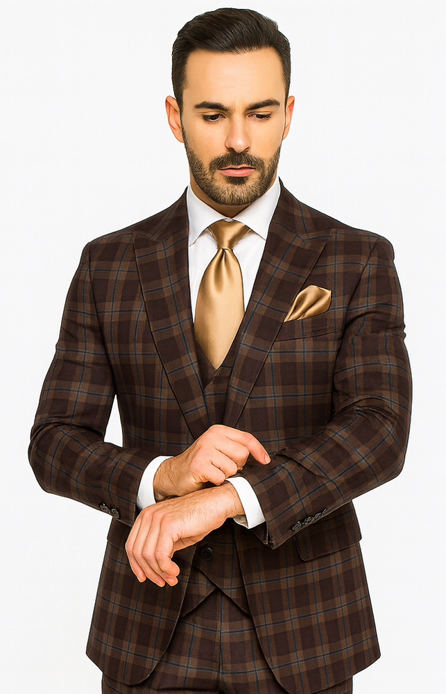 Rossi Man MAX RM1735 Brown Slim Fit 3-Piece Suit – Men’s Modern Formalwear