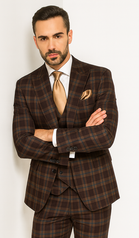 Rossi Man MAX RM1735 Brown Slim Fit 3-Piece Suit – Men’s Modern Formalwear