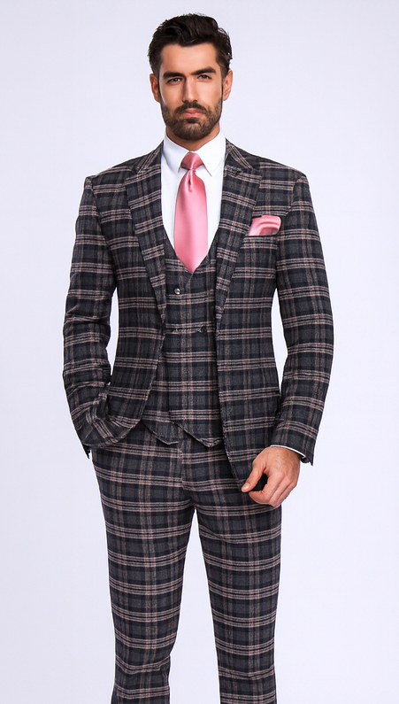 Rossi Man MAX RM1739 Black & Pink Slim Fit 3-Piece Suit – Men’s Formalwear