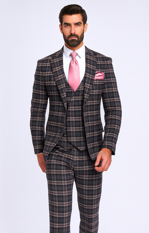 Rossi Man MAX RM1739 Black & Pink Slim Fit 3-Piece Suit – Men’s Formalwear