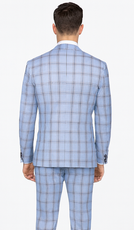 Rossi Man MAX RM1822 Slim Fit 3-Piece Suit – Light Blue & Brown Plaid Formal Suit for Men