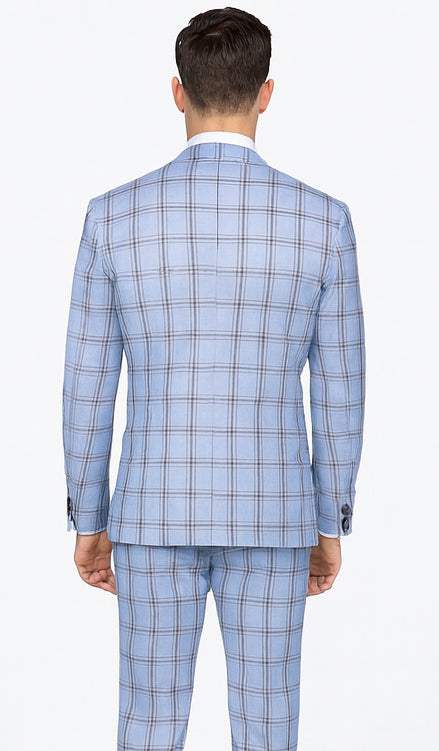 Rossi Man MAX RM1822 Slim Fit 3-Piece Suit – Light Blue & Brown Plaid Formal Suit for Men