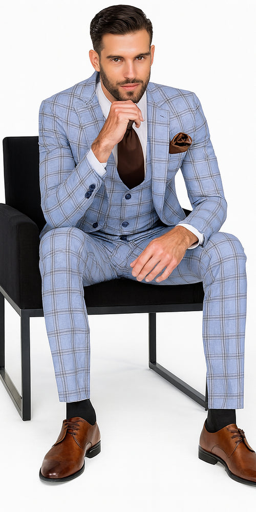 Rossi Man MAX RM1822 Slim Fit 3-Piece Suit – Light Blue & Brown Plaid Formal Suit for Men