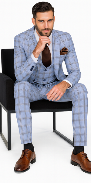 Rossi Man MAX RM1822 Slim Fit 3-Piece Suit – Light Blue & Brown Plaid Formal Suit for Men