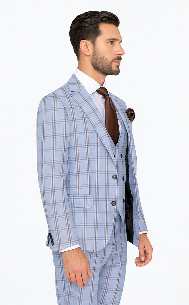 Rossi Man MAX RM1822 Slim Fit 3-Piece Suit – Light Blue & Brown Plaid Formal Suit for Men