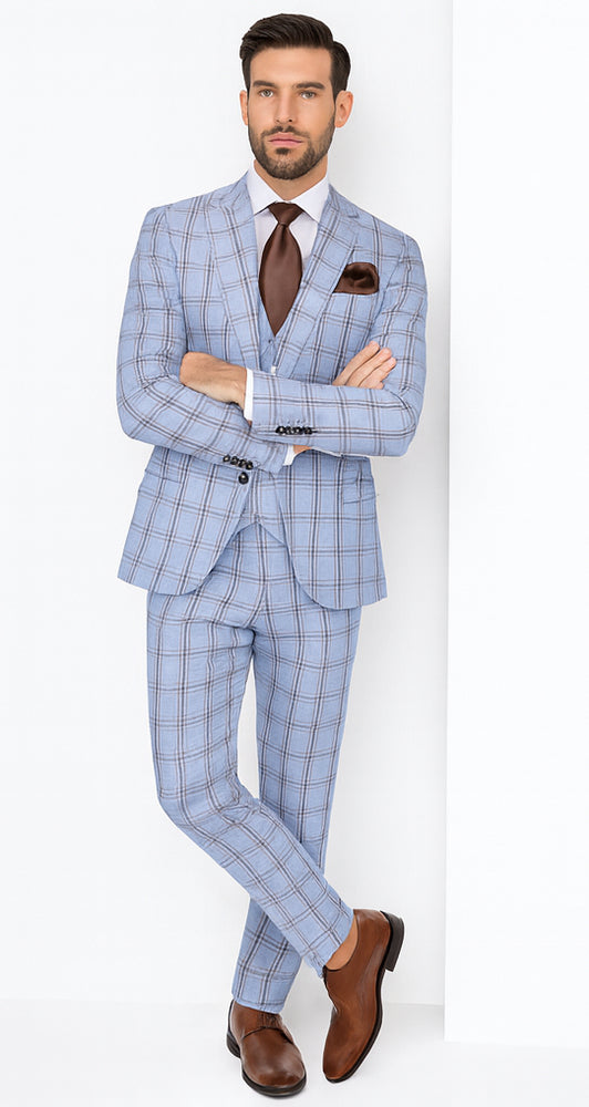 Rossi Man MAX RM1822 Slim Fit 3-Piece Suit – Light Blue & Brown Plaid Formal Suit for Men