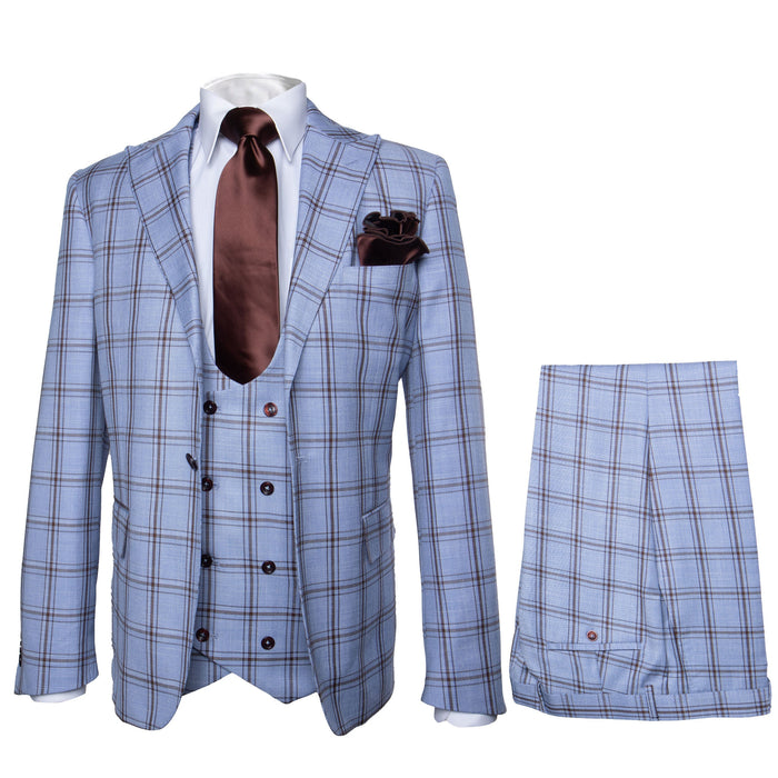 Rossi Man MAX RM1822 Slim Fit 3-Piece Suit – Light Blue & Brown Plaid Formal Suit for Men