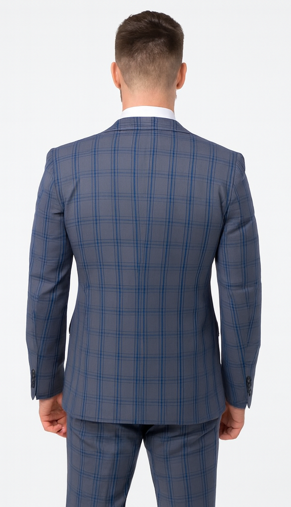 Rossi Man MAX RM1823 Slim Fit 3-Piece Blue Plaid Suit – Tailored for Weddings & Business