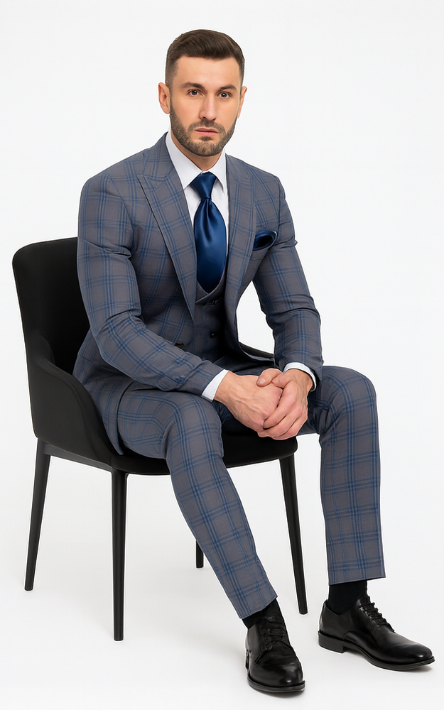 Rossi Man MAX RM1823 Slim Fit 3-Piece Blue Plaid Suit – Tailored for Weddings & Business
