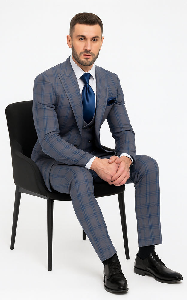 Rossi Man MAX RM1823 Slim Fit 3-Piece Blue Plaid Suit – Tailored for Weddings & Business