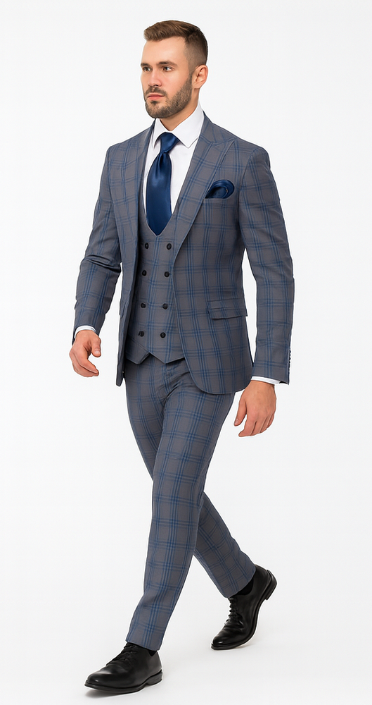 Rossi Man MAX RM1823 Slim Fit 3-Piece Blue Plaid Suit – Tailored for Weddings & Business