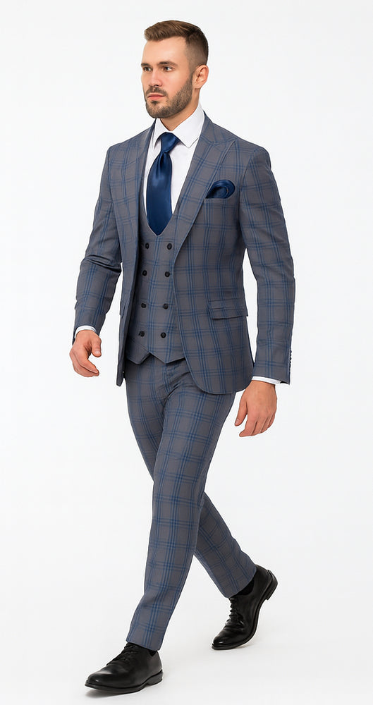 Rossi Man MAX RM1823 Slim Fit 3-Piece Blue Plaid Suit – Tailored for Weddings & Business