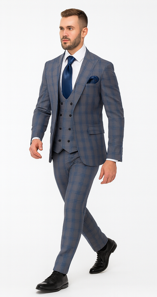 Rossi Man MAX RM1823 Slim Fit 3-Piece Blue Plaid Suit – Tailored for Weddings & Business