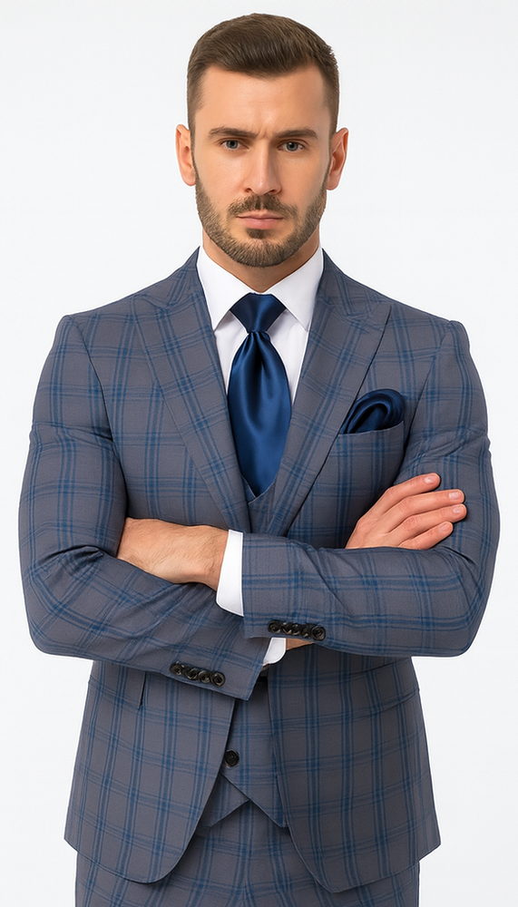Rossi Man MAX RM1823 Slim Fit 3-Piece Blue Plaid Suit – Tailored for Weddings & Business