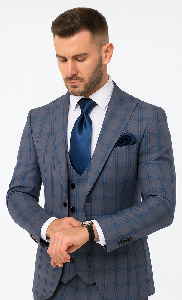 Rossi Man MAX RM1823 Slim Fit 3-Piece Blue Plaid Suit – Tailored for Weddings & Business