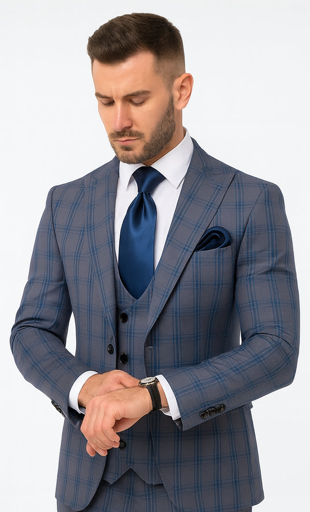 Rossi Man MAX RM1823 Slim Fit 3-Piece Blue Plaid Suit – Tailored for Weddings & Business