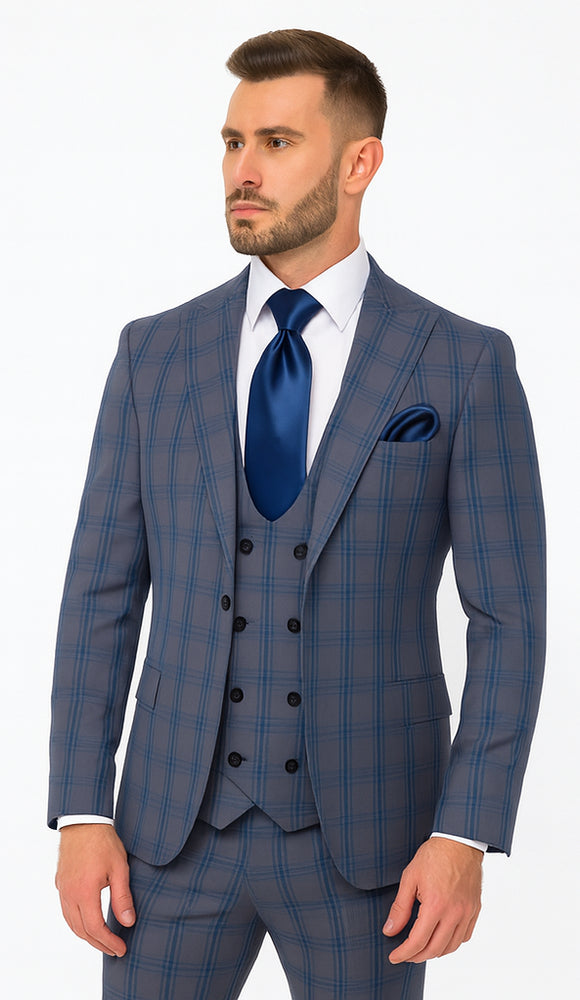 Rossi Man MAX RM1823 Slim Fit 3-Piece Blue Plaid Suit – Tailored for Weddings & Business