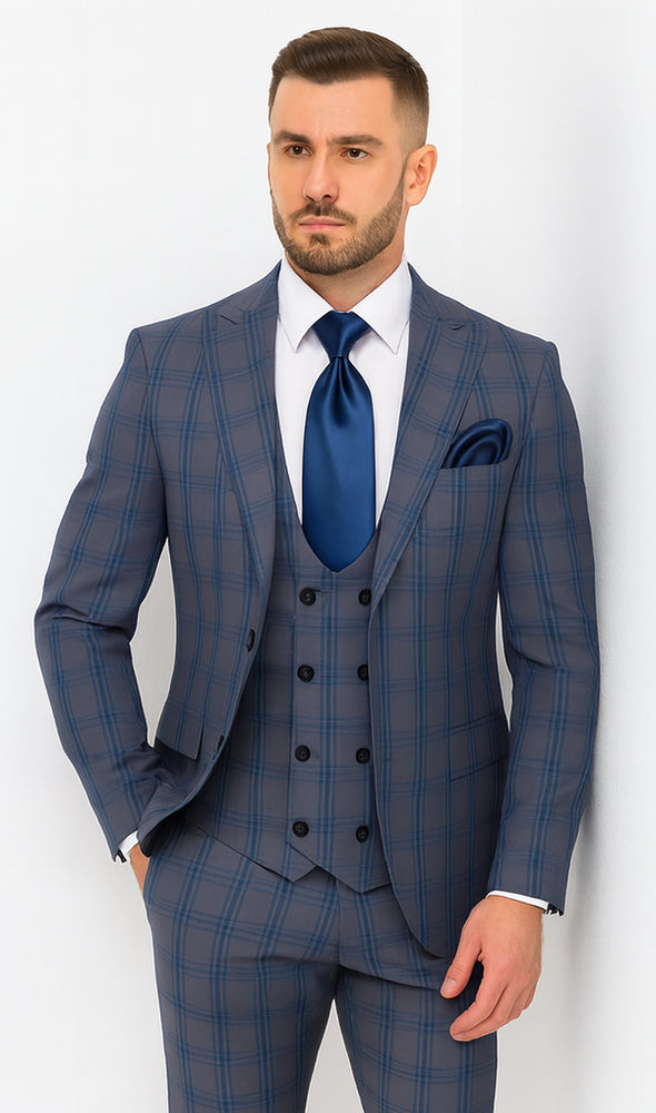 Rossi Man MAX RM1823 Slim Fit 3-Piece Blue Plaid Suit – Tailored for Weddings & Business