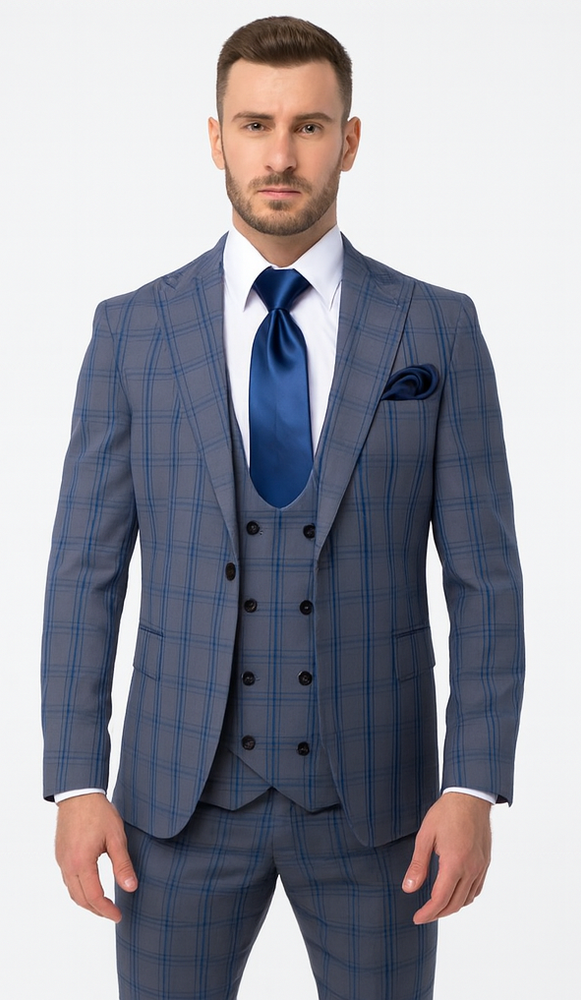 Rossi Man MAX RM1823 Slim Fit 3-Piece Blue Plaid Suit – Tailored for Weddings & Business