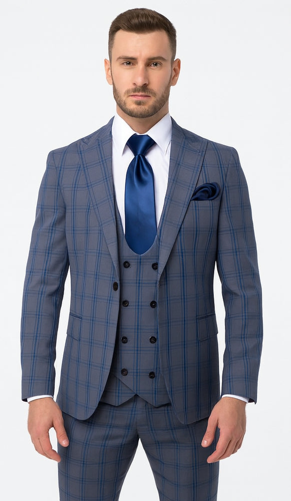 Rossi Man MAX RM1823 Slim Fit 3-Piece Blue Plaid Suit – Tailored for Weddings & Business