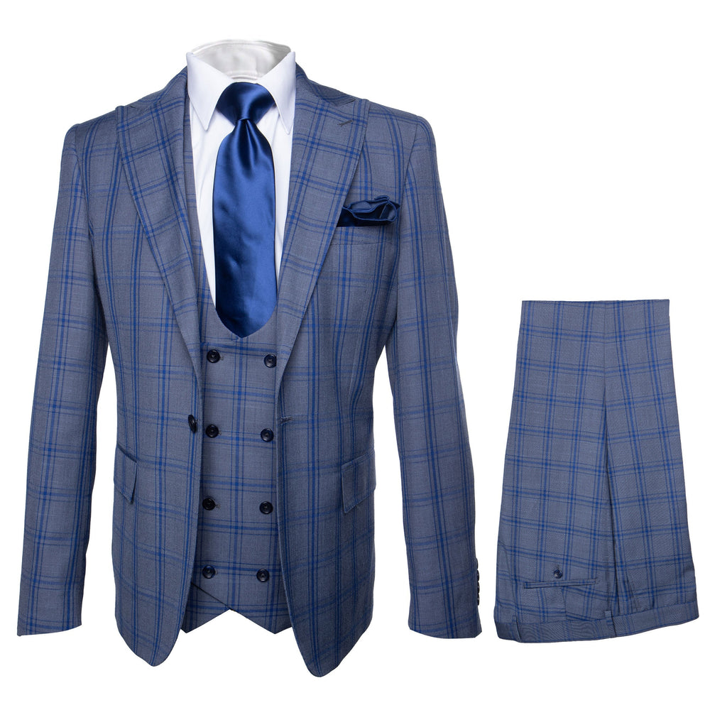 Rossi Man MAX RM1823 Slim Fit 3-Piece Blue Plaid Suit – Tailored for Weddings & Business