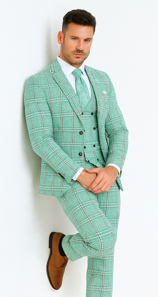 Rossi Man MAX RM1825 Slim Fit 3-Piece Mint Green Suit - Formalwear